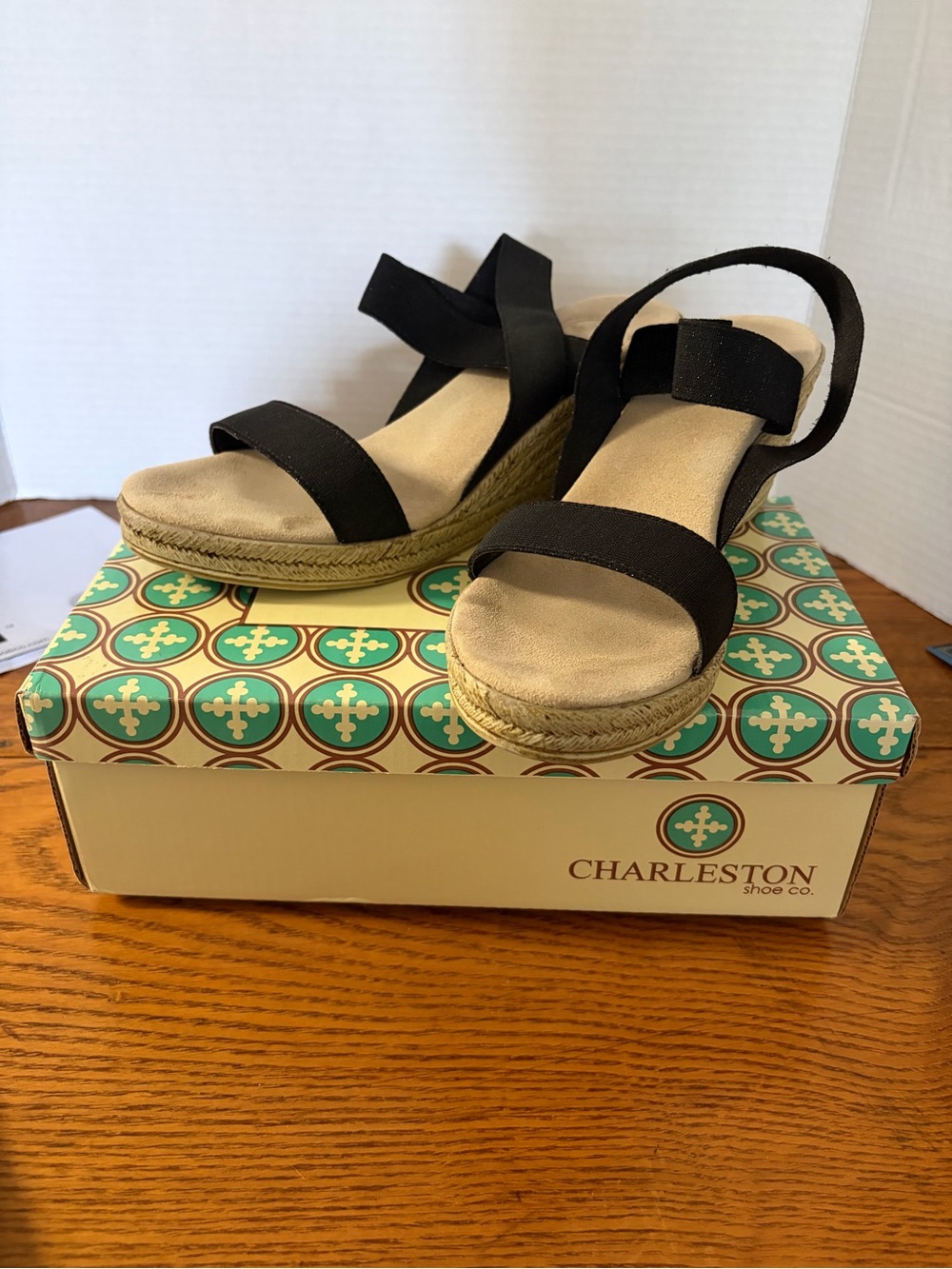 CHARLESTON SHOE CO. Black Staci shimmer Elastic Strap Espadrille Wedge Sandals 8